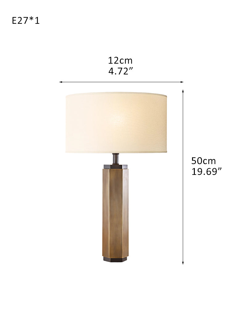 Hexagonal Column Table Lamp 5" in brass/black with fabric linen lampshade