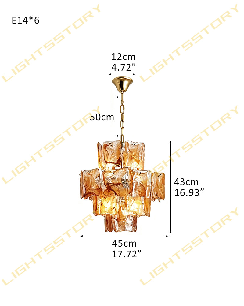 Murano Glass Amber Glow Circular Prism Multi Tiered Waterfall Chandelier - Handblown Glass, Brass Trim - Living Rooms, Dining Rooms & Bedrooms