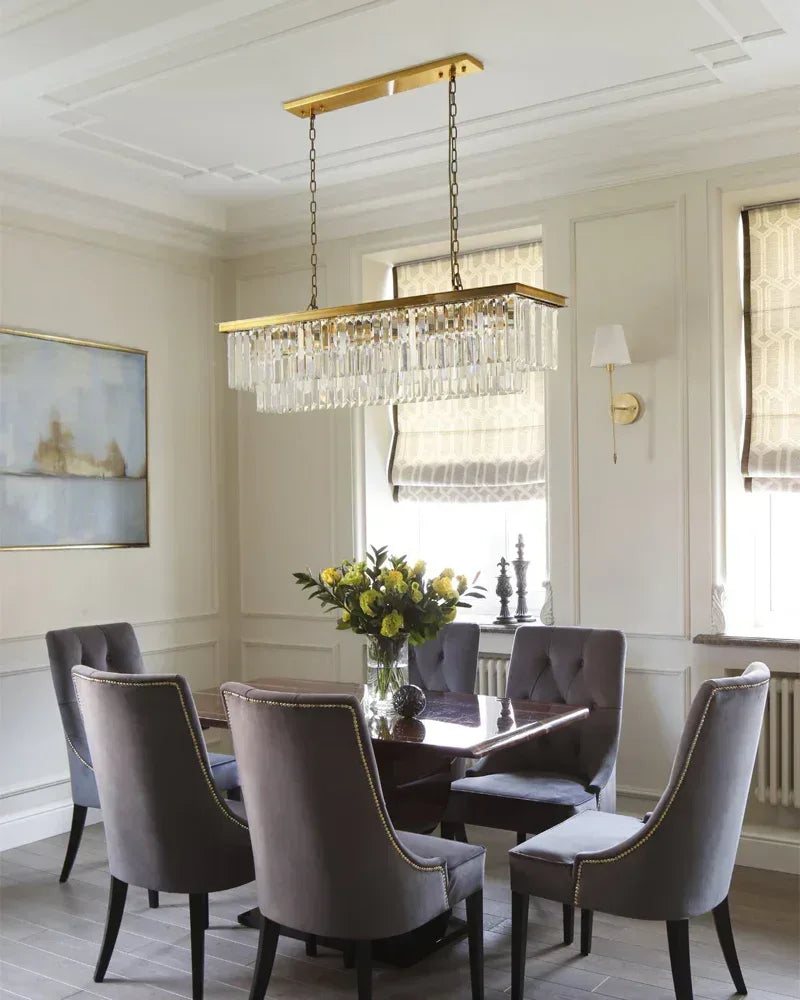 LightsStory Series Prismatic Chandelier | Rectangular Multi-Crystal Brushed matte black or gold iron frame with multi-crystal droplets, Brushed Matte Black or Luxe Gold for Kitchen Islands, Dining Rooms, and Grand Foyers American Vintage chandelier lamp