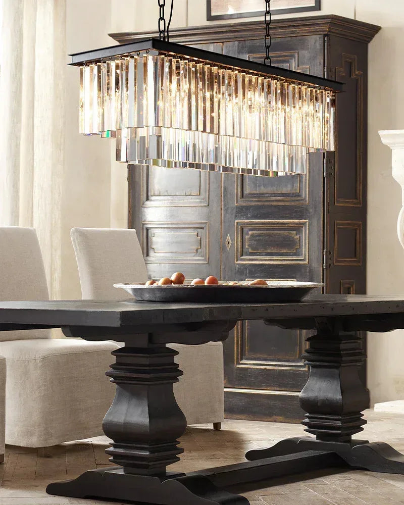 LightsStory Series Prismatic Chandelier | Rectangular Multi-Crystal Brushed matte black or gold iron frame with multi-crystal droplets, Brushed Matte Black or Luxe Gold for Kitchen Islands, Dining Rooms, and Grand Foyers American Vintage chandelier lamp