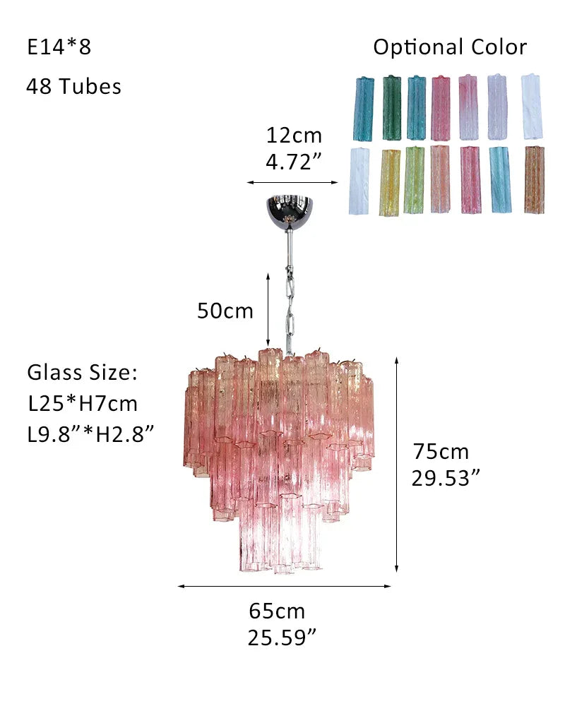 Italian Tronchi Luxury Large Multi-Tier Murano Pink Glass Tube Chandeliers P-D65*H75CM 26"*H30"(48 tubes) Pink & Silver American chandelier