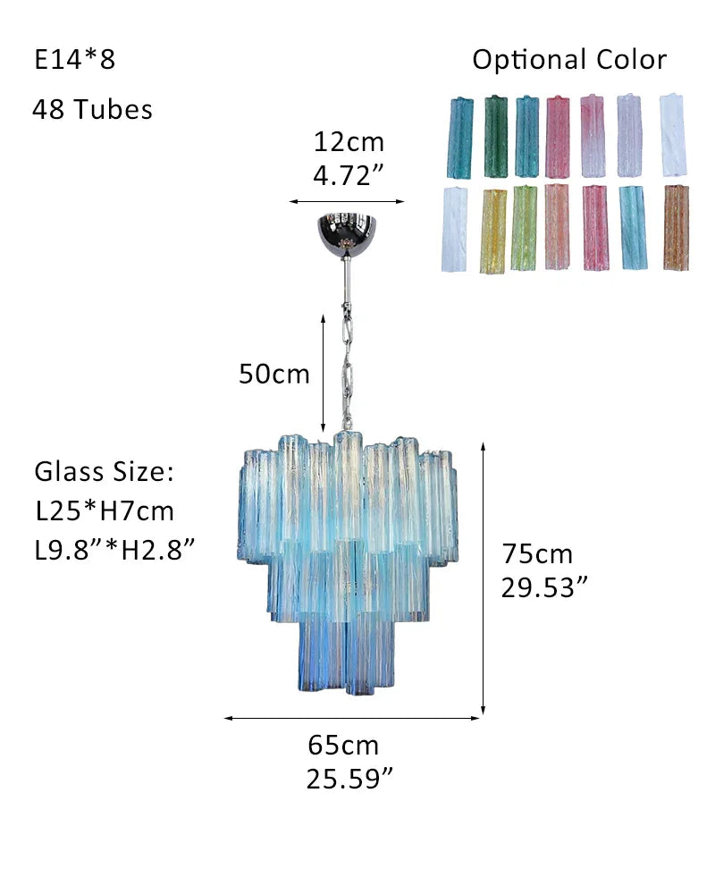 Elegant Murano Hand-blown Blue Glass Tube Multi-Tier Chandelier in Silver Frame P-D65*H75CM D25.6"*H30"(48 tubes) Blue Glass + Silver Frame American chandelier