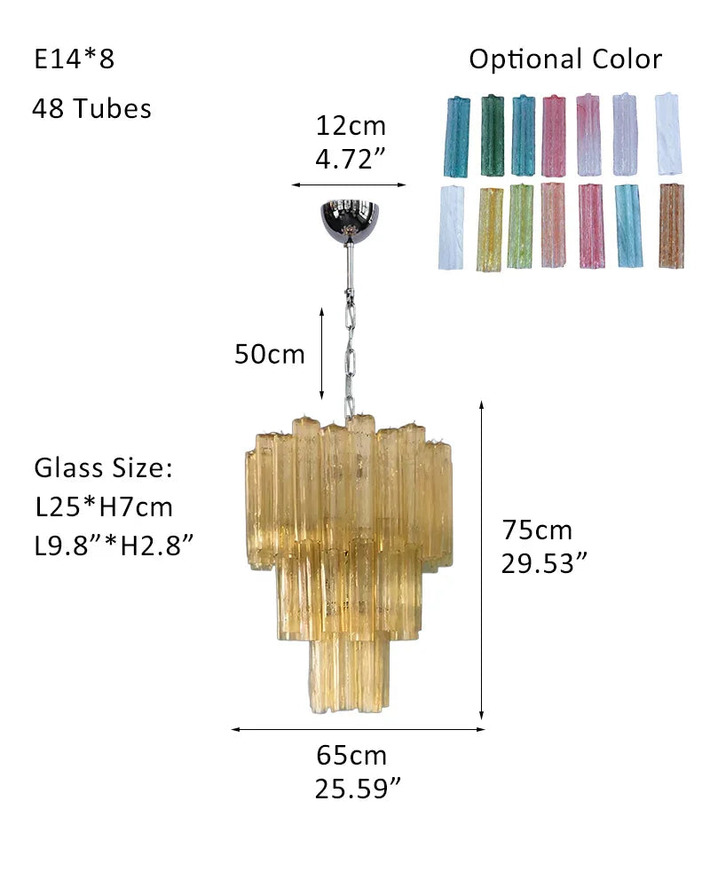 Fantastic Murano Amber Glass Tube Chandelier in Chrome & Golden Frame P-D65*H75CM D25.6"*H30"(48 tubes) Amber Glass + Silver Frame American chandelier