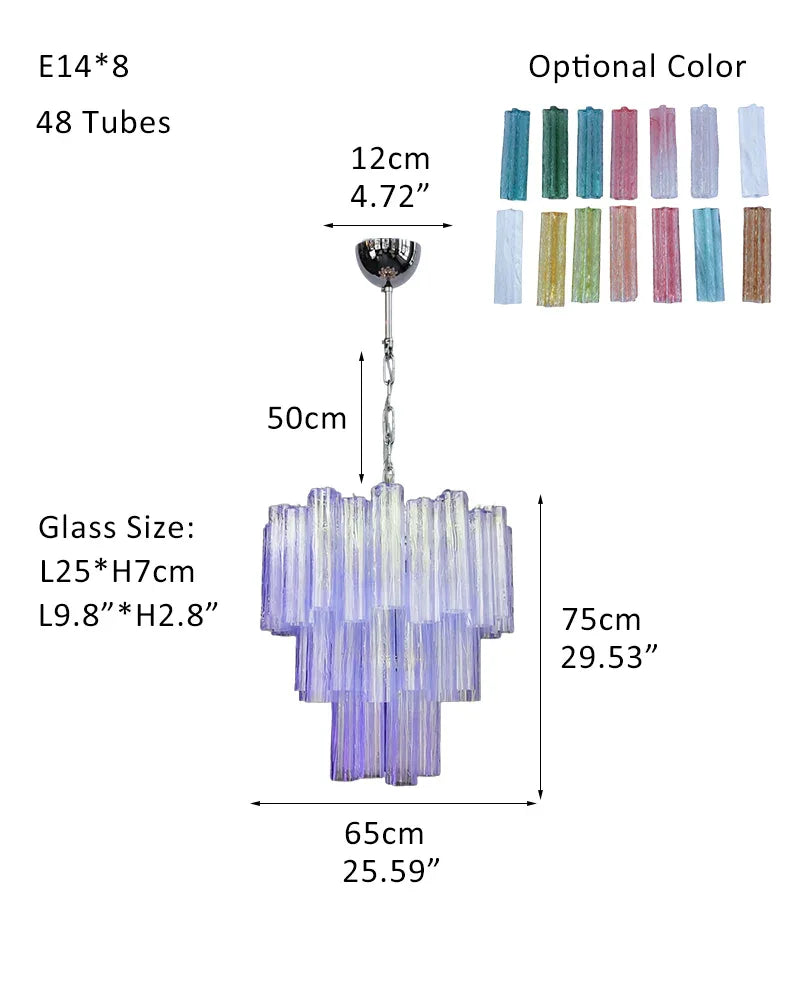 Modern Colored Murano Purple Glass Tube Tronchi Chandelier P-D65*H75CM D25.6"*H30"(48 tubes) Purple Glass + Silver Frame American chandelier