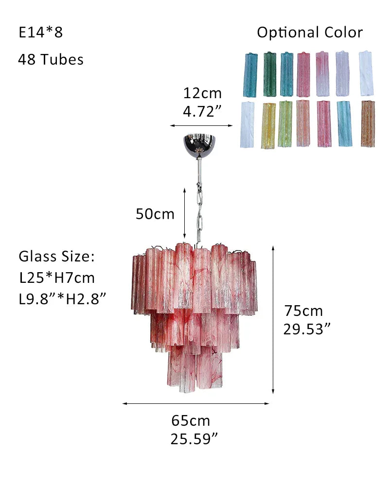 Italian Tronchi Luxury Large Multi-Tier Murano Pink Glass Tube Chandeliers P-D65*H75CM 26"*H30"(48 tubes) Pink + White & Silver American chandelier