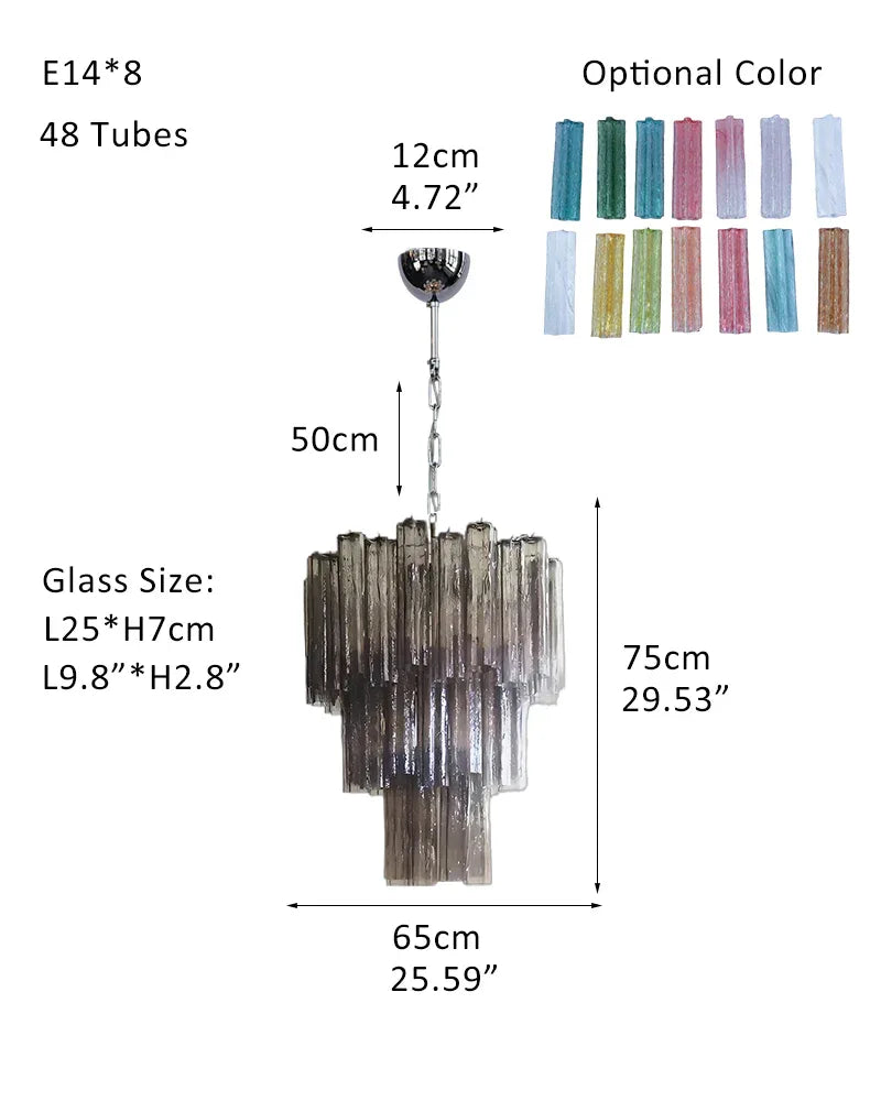 Luxury Tiered Smoked Glass Tube Murano Chandelier in Chrome Frame P-D65*H75CM D26"*H30"(48 tubes) Smoked Glass + Silver Frame American chandelier