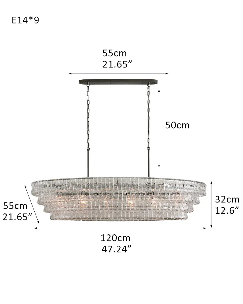 Ghiaccio 3/4-Tiered Glass Oval Chandelier 48" in Brass/Black Aluminum Chain 4 tier-L120*W55*H32CM L48"*W22"*H12"(E14*9) Black + Transparent Glass American chandelier