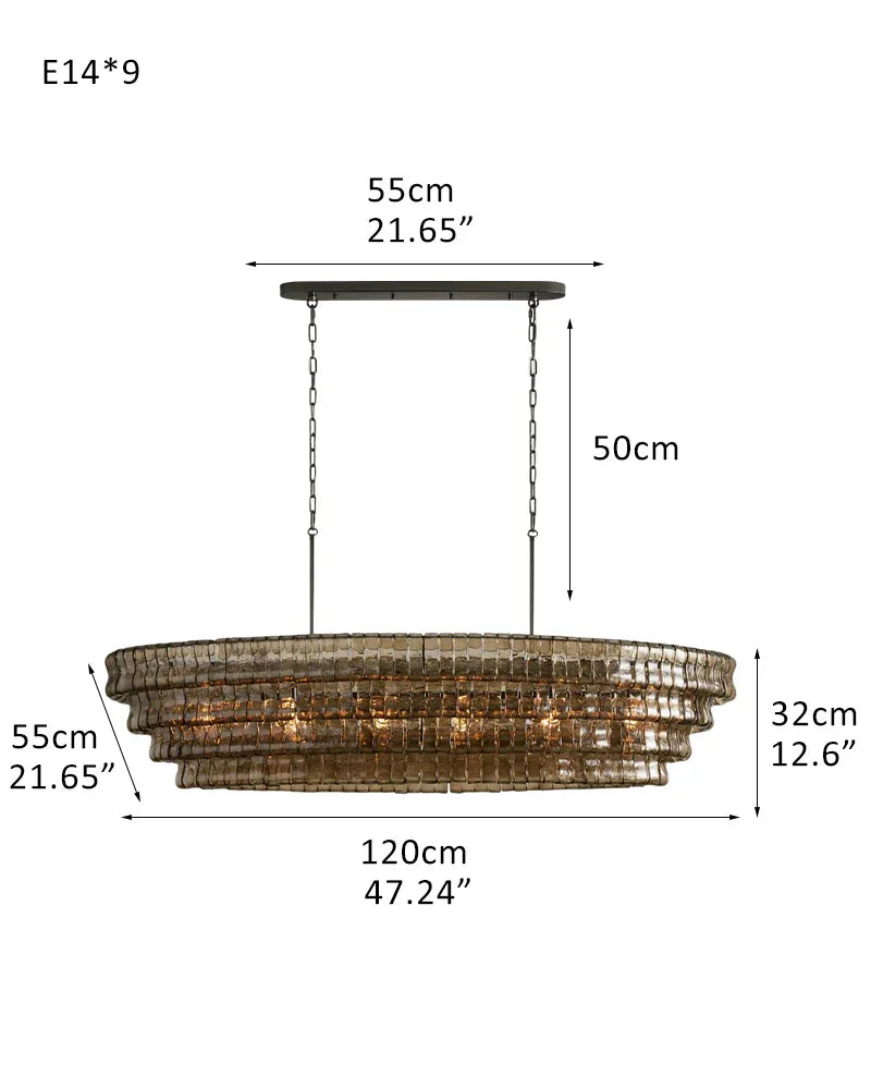 Ghiaccio 3/4-Tiered Glass Oval Chandelier 48" in Brass/Black Aluminum Chain 4 tier-L120*W55*H32CM L48"*W22"*H12"(E14*9) Black + Smoke Glass American chandelier