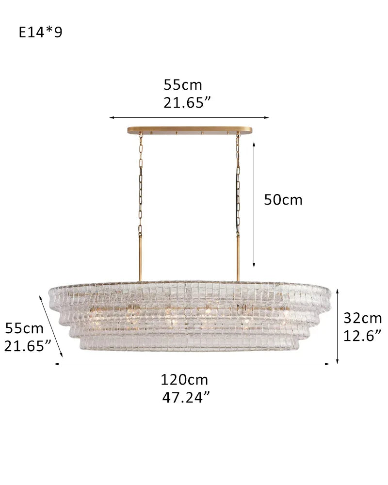 Ghiaccio 3/4-Tiered Glass Oval Chandelier 48" in Brass/Black Aluminum Chain 4 tier-L120*W55*H32CM L48"*W22"*H12"(E14*9) Brass + Transparent Glass American chandelier