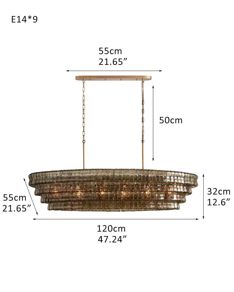 Ghiaccio 3/4-Tiered Glass Oval Chandelier 48" in Brass/Black Aluminum Chain 4 tier-L120*W55*H32CM L48"*W22"*H12"(E14*9) Brass + Smoke Glass American chandelier