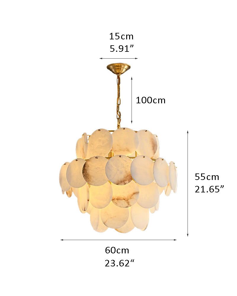 Large LED chandelier with Spanish marble shells, 100cm long, 60cm wide, elegant design.