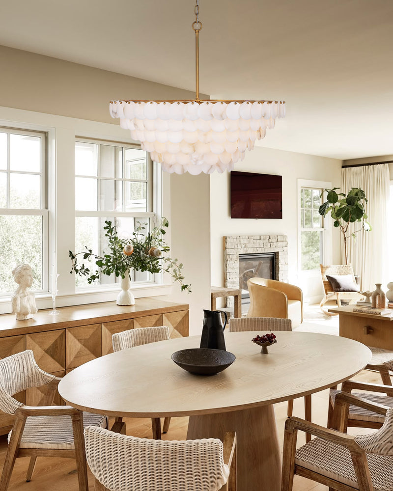 Cascada Alabaster Disc Multi Tiered Chandelier - Natural Spanish Alabaster, Lux Gold Trim - Dining Rooms and Living Rooms