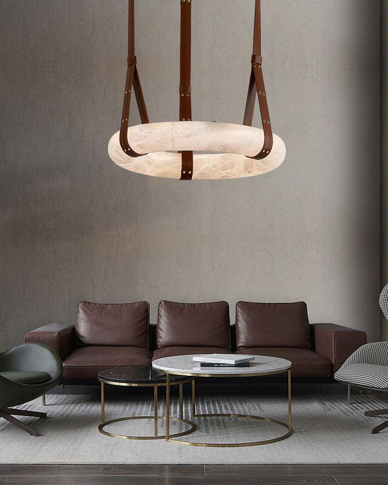 American Coastal LED Round White Marble Pendant Lighting with Brown Leather Belt American chandelier