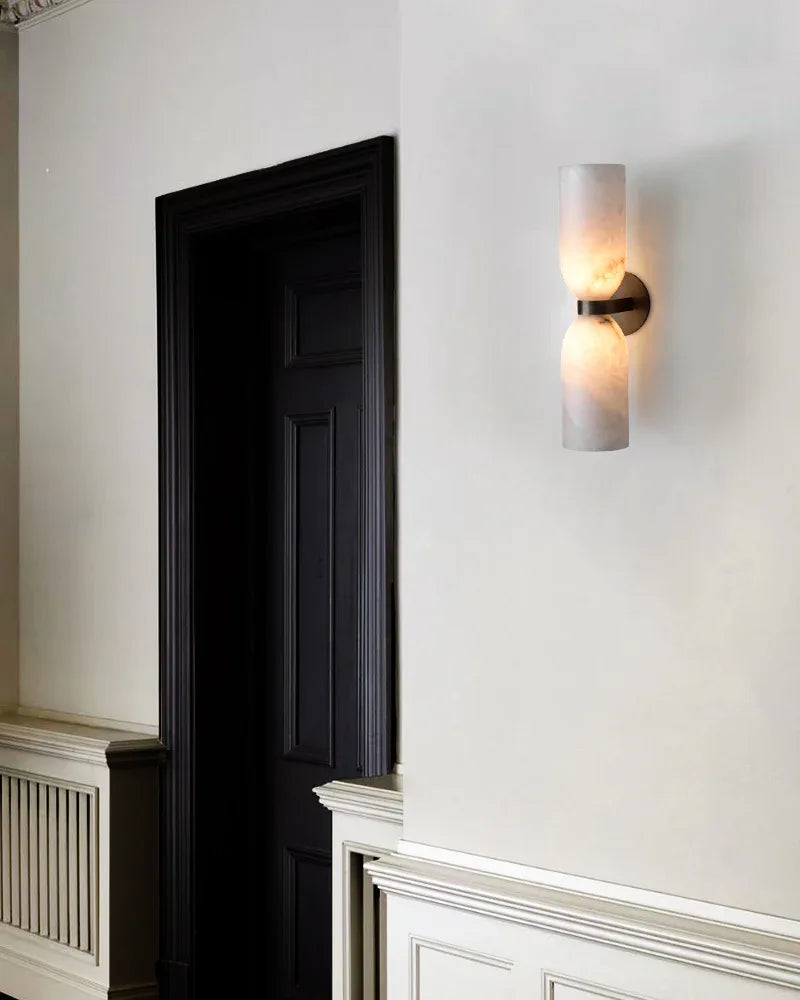 LightsStory Series Geometric Wall Lamp | Double Globe Handcrafted Natural Alabaster, Brass and Black Metal for Bedrooms, Hallways, and Dining Spaces Modern Art Design Wall Lamp