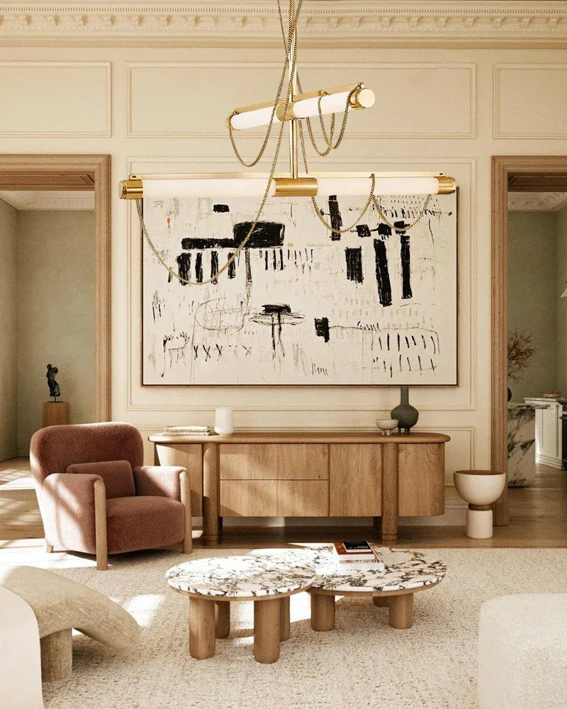 LED Tubular Alabaster Shades Ceiling Pendant Lamp 49" with long chains | Brass Vintage Simple Pendant Lamp