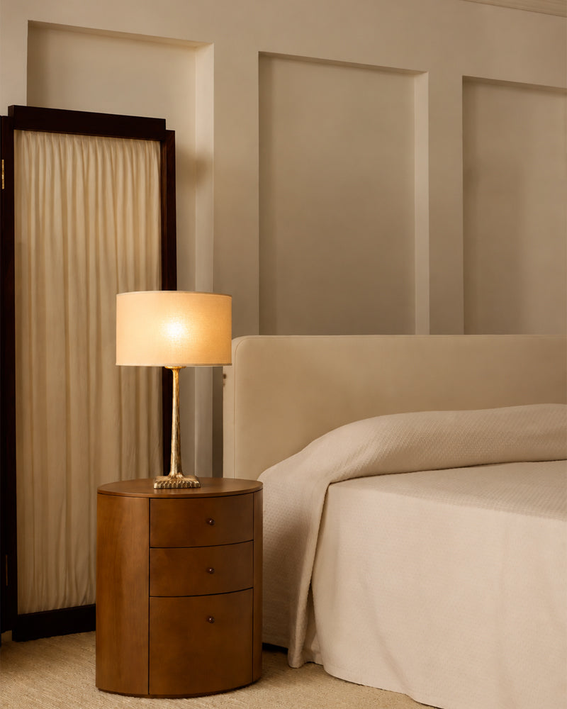 Classic Hammered Sculptural Trunk Drum Table Lamp - Matte Hammered Brass Stem & Fabric Drum - Bedroom & Living Rooms