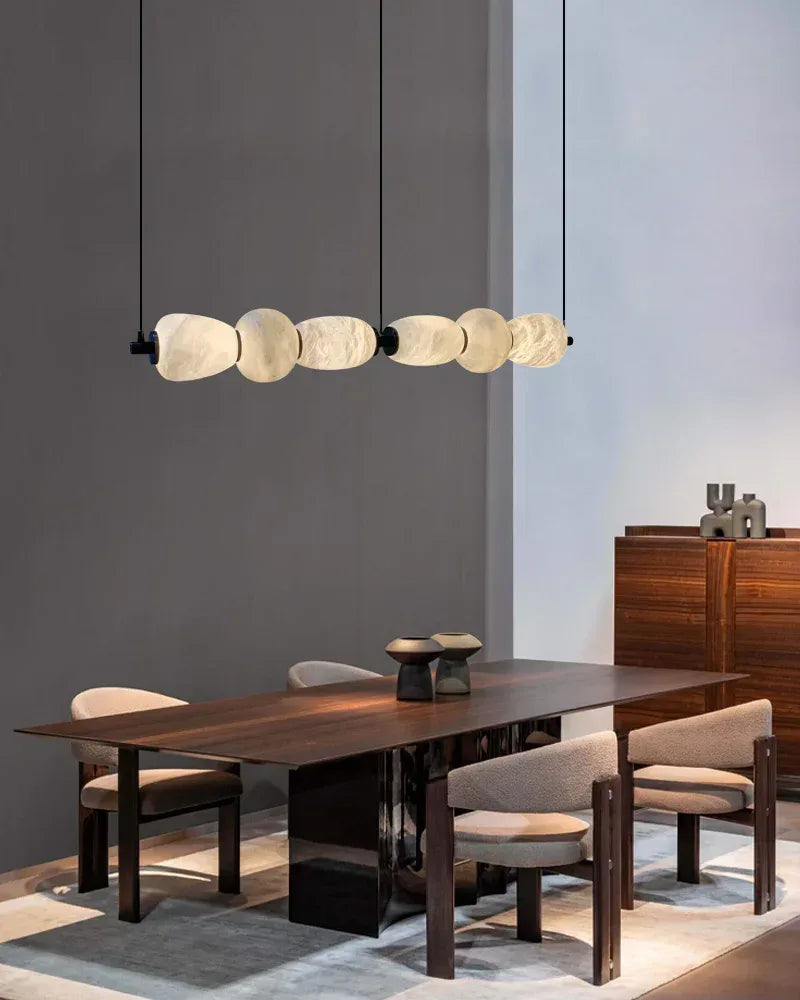 6-light Antique Brass String Hanging Light with Alabaster Stone Shade Modern Pendant lamp