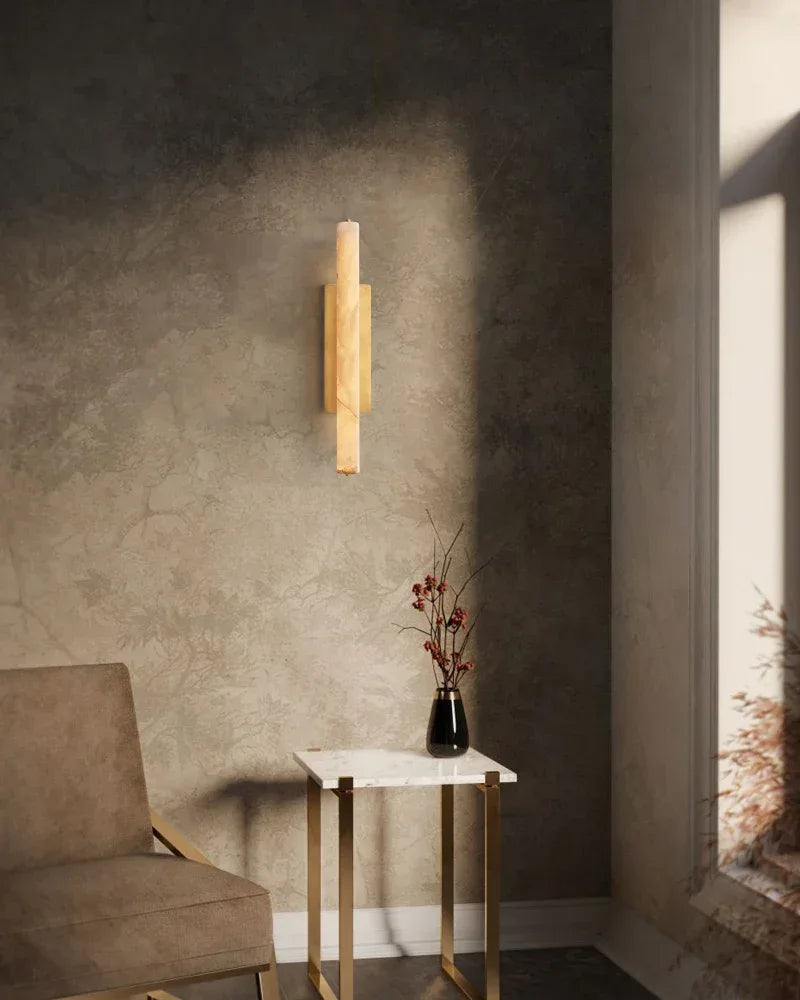 Valence Series Architectural Wall Sconce | Vertical Linear Sleek Brass and Raw Veined Alabaster, Burnished Brass and Black for Modern Living Rooms and Hallways Flush Mounted Wall Sconce Lamp