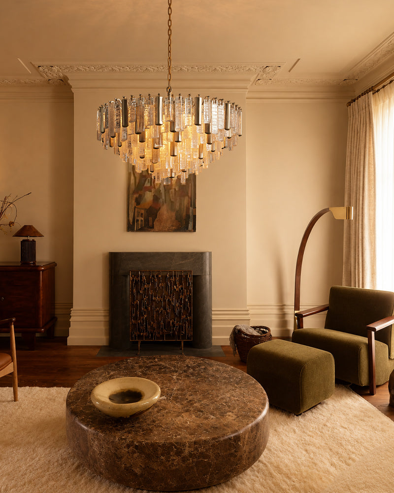 Ceiling-hung multi-tier crystal prism chandelier with brass and clear glass strands