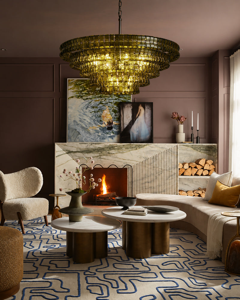 Brina Ghiaccio Murano Glass Smoked Green Cascade Pendant Light - Textured Glass, Heritage Brass Trim - Living Rooms & Dining Rooms