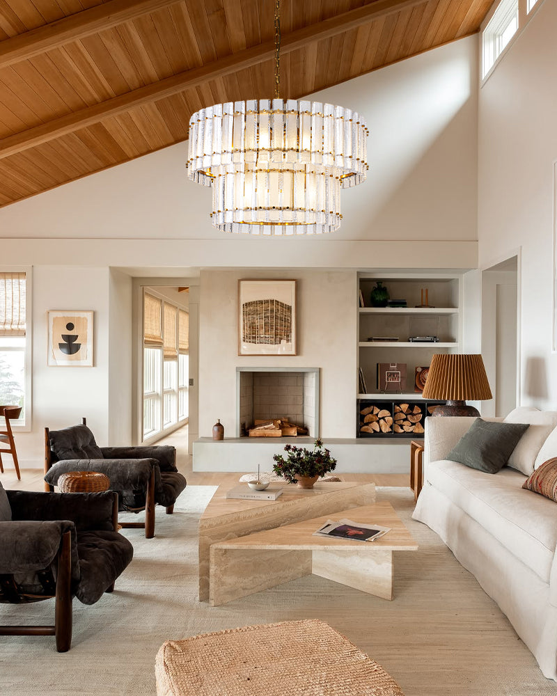 Solstice Aura Ghiaccio Glass Double Tier Drum Chandelier - Lux Gold Trim - Foyers, Dining Rooms & Living Rooms
