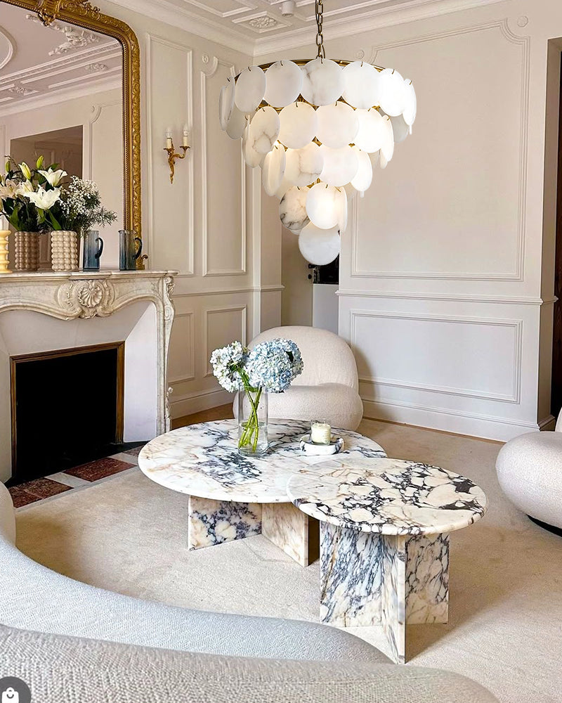 Cascada Alabaster Disc Multi Tiered Grand Chandelier - Natural Spanish Alabaster, Lux Gold Trim - Foyers, Entryway, Staircases and High Ceilings