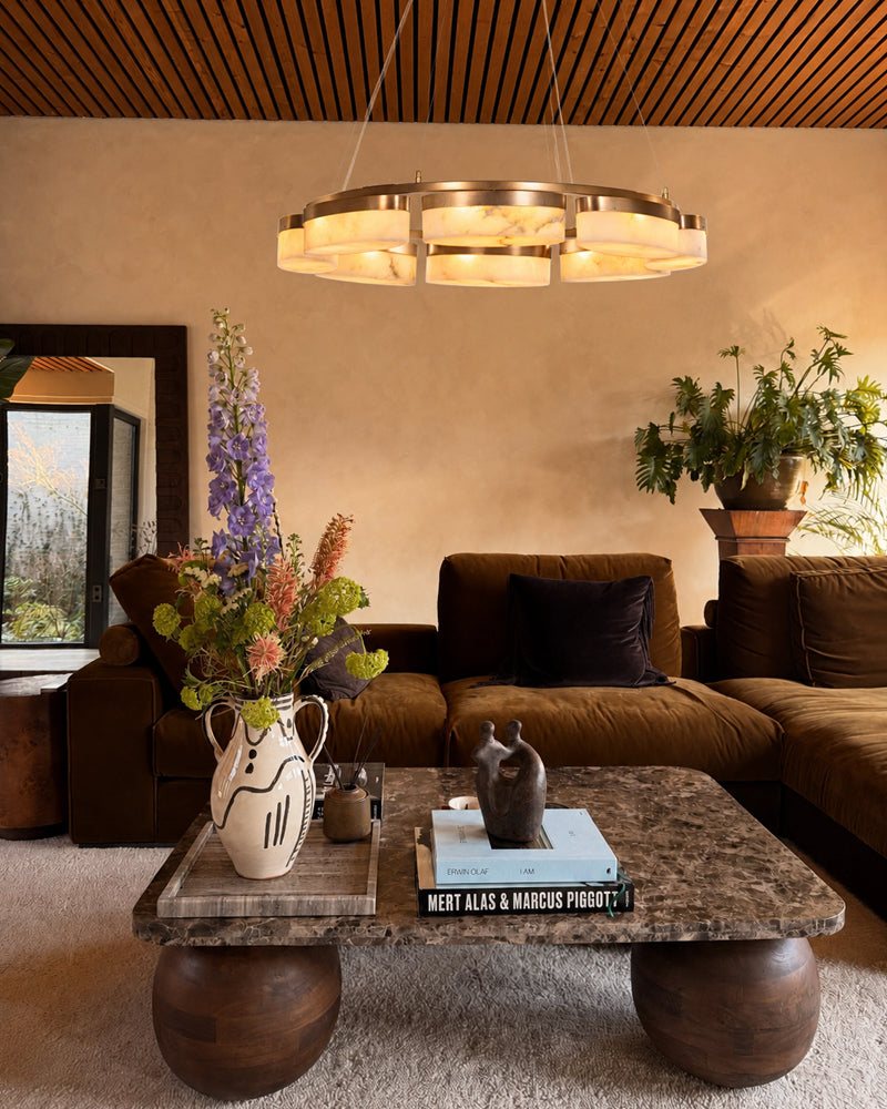 Alabaster Concentric Ring Disc Swirl Circular Pendant Light - Natural Spanish Alabaster, Lux Brass Trim - Kitchens, Dining & Living Rooms