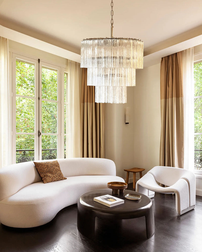 Classic Murano Transparent Glass Tube Chandelier Brushed Gold & Chrome Frame