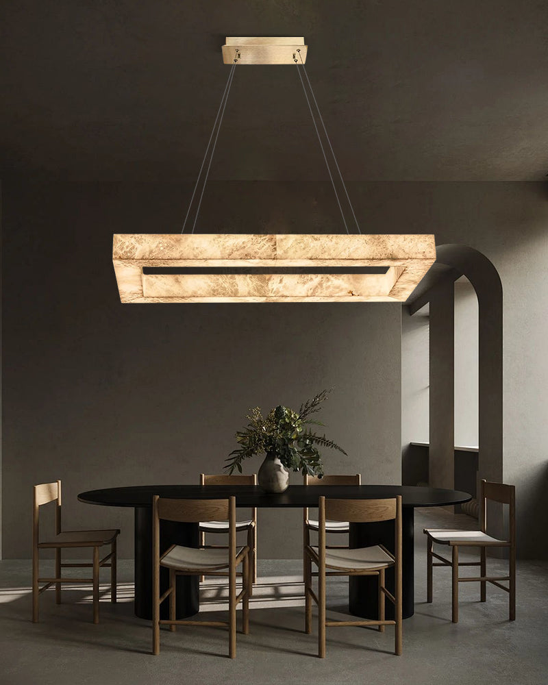 Alabaster Hollow Rectangular Halo Frame Suspended Linear Pendant Light - Natural Spanish Alabaster, Lux Gold Trim - Kitchens, Dining & Living Rooms