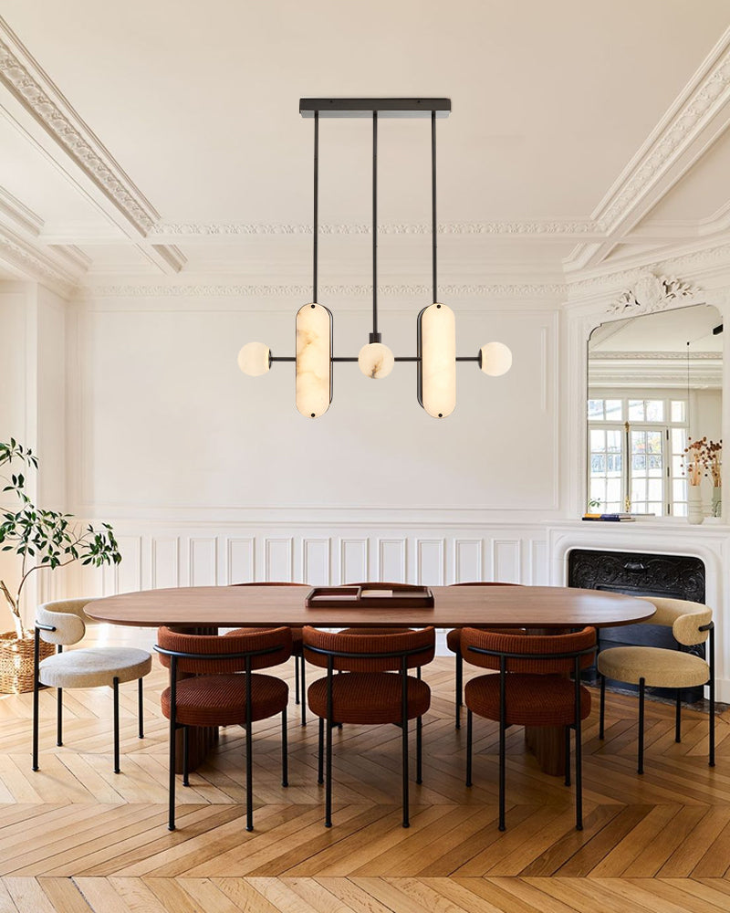 8-Light LED Linear Pendant Lighting in White Alabaster with Bronze & Brass Hardwared