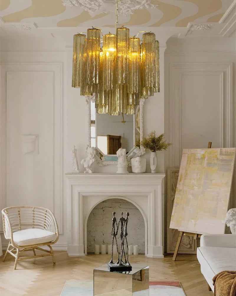 Cortina Series Cascading Chandelier | Multi-tiered Fluted Glass Handcrafted Fluted Murano-Inspired Amber Glass, Satin Brass for Grand Entrances and Dining Rooms American chandelier
