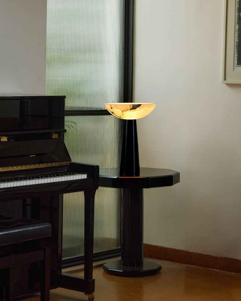 LightsStory Series Geometric Table Lamp | Conical Base Hand-polished Spanish alabaster bowl, Matte black finish for Bedrooms, living rooms, and entryways Modern Table lamp