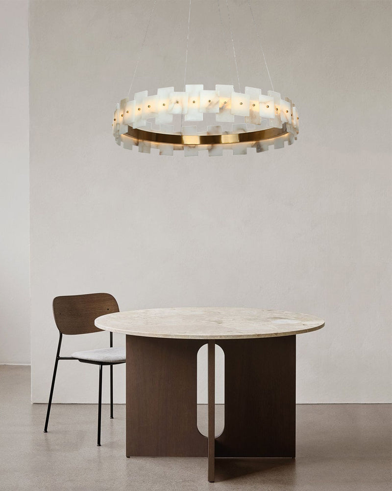 Marble Circle Hanging Lamp Minimalism White and Brass Alabaster Halo Chandelier Dining Table