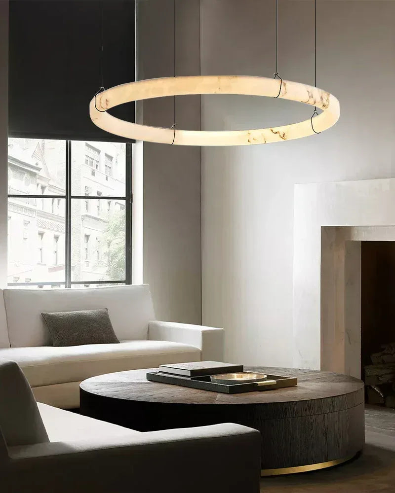 40W Modern Ring Alabaster Pendant Light hanging on black metal pole decor for living room Vintage Simple Pendant Lamp