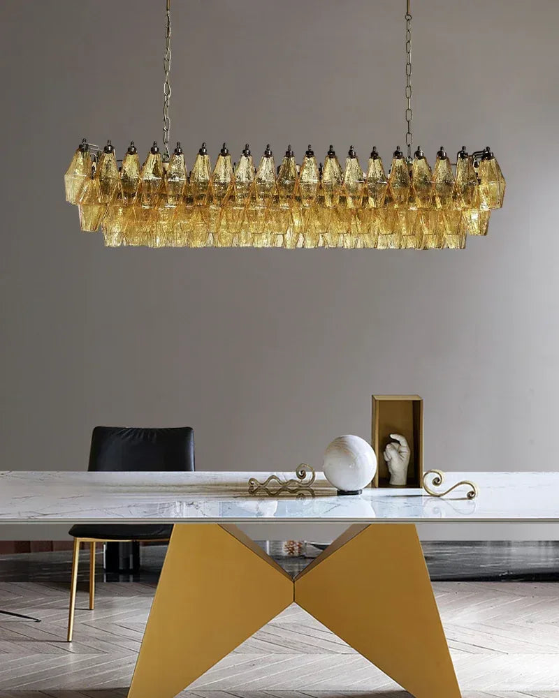 LightsStory Series Ethereal Chandelier | Rectangular Poliedri Hand-blown Murano textured glass, Plated-brass or bronze accents for Dining Rooms and Living Areas American chandelier