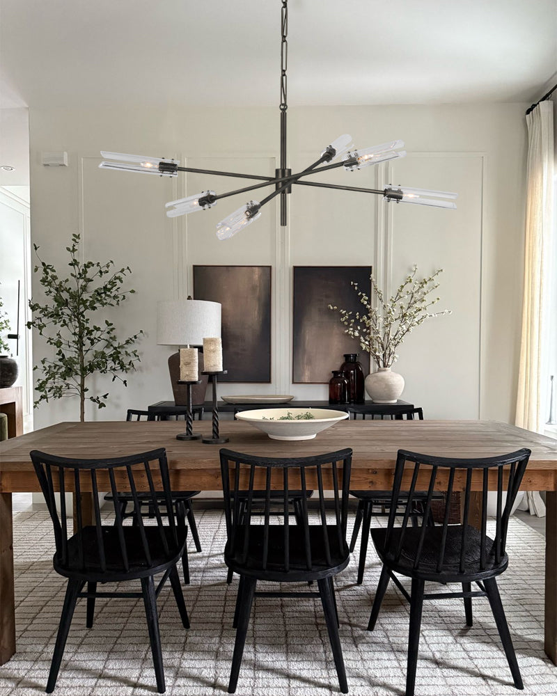 Brushed Chrome Metalwork Chandelier with Textured Slender Clear Glass Cylinders