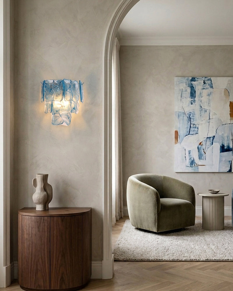 Murano Glass Azure Blue Tiered Ghiaccio Wall Light Sconce - Flush Mount, Lux Brass Trim - Dining Rooms & Living Rooms