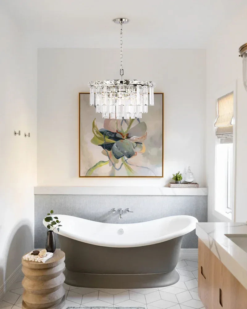 Warm Ambiance LED Arden Tiered Crystal Round Chandelier Brushed Chrome Stainless American chandelier