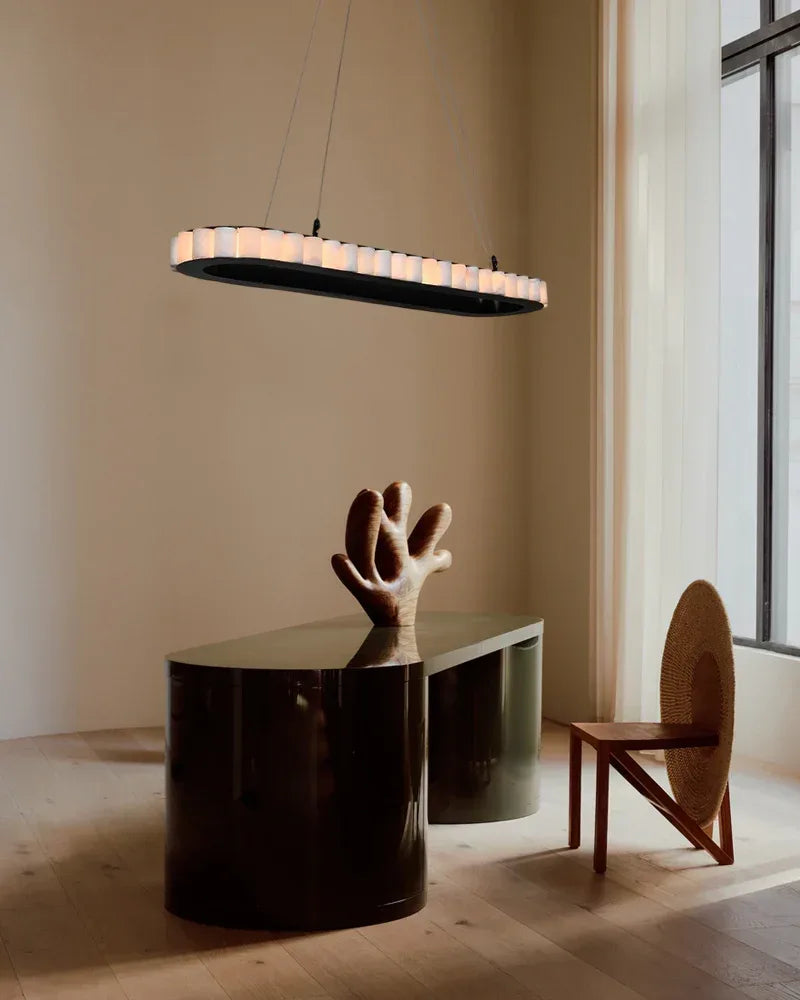 Vintage Oval White Alabaster Huge Chandelier Wide 60" Brushed Bronze/Gold Framework American chandelier