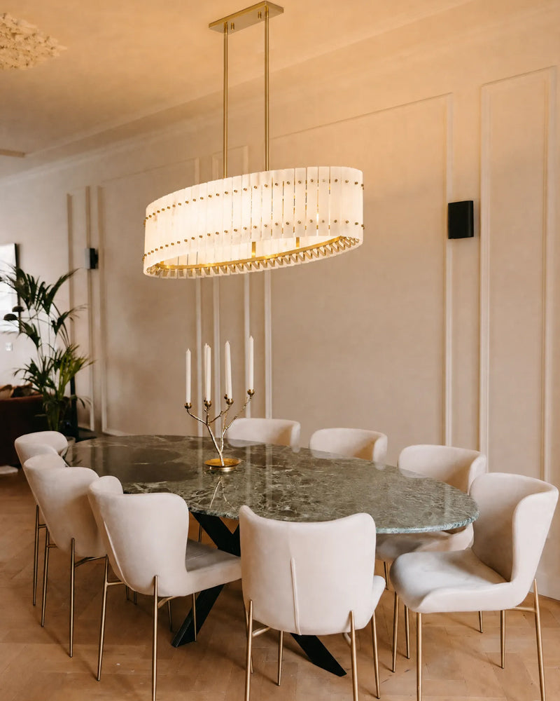 Burton Alabaster Gold Studded Panel Linear Oval Pendant Light - Natural Spanish Alabaster Panels, Lux Gold Trim - Kitchen Islands & Dining Rooms