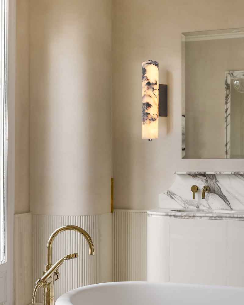 Adrian Series Geometric Wall Sconce | Cylindrical Nature Texture Natural black marble with unique veining and brass metal, Frosted Black and Brass finish for Bedrooms, living rooms, and hallways Modern Art Design Wall Lamp