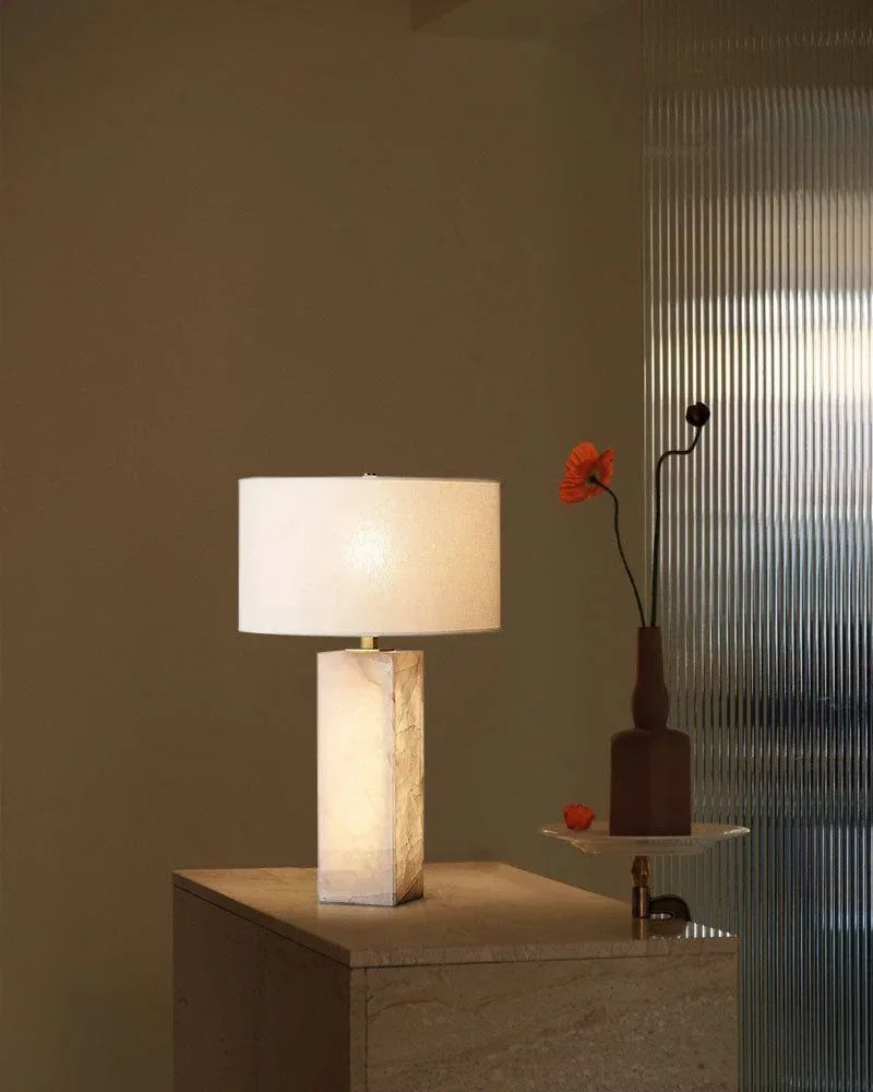 LightsStory Series Interior Design Table Lamp | Rectangular Marble Handcrafted rectangular marble with neutral linen fabric lampshade, Premium Black, Gold, or Silver finish for Desks, consoles, or bedside tables Vintage Simple Table Lamp