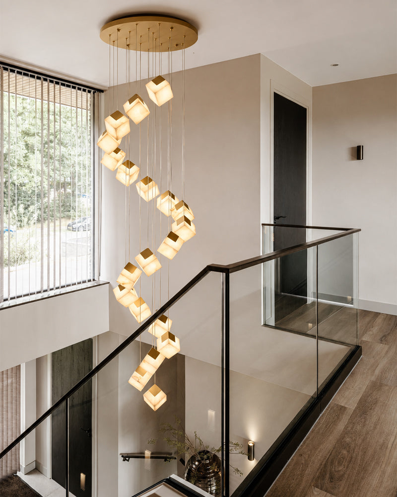 Alabaster Cube Cluster Sculptural Pendant Light - Natural Spanish Alabaster, Lux Gold Trim - Lobby, Foyer, Stairwells and High Ceilings