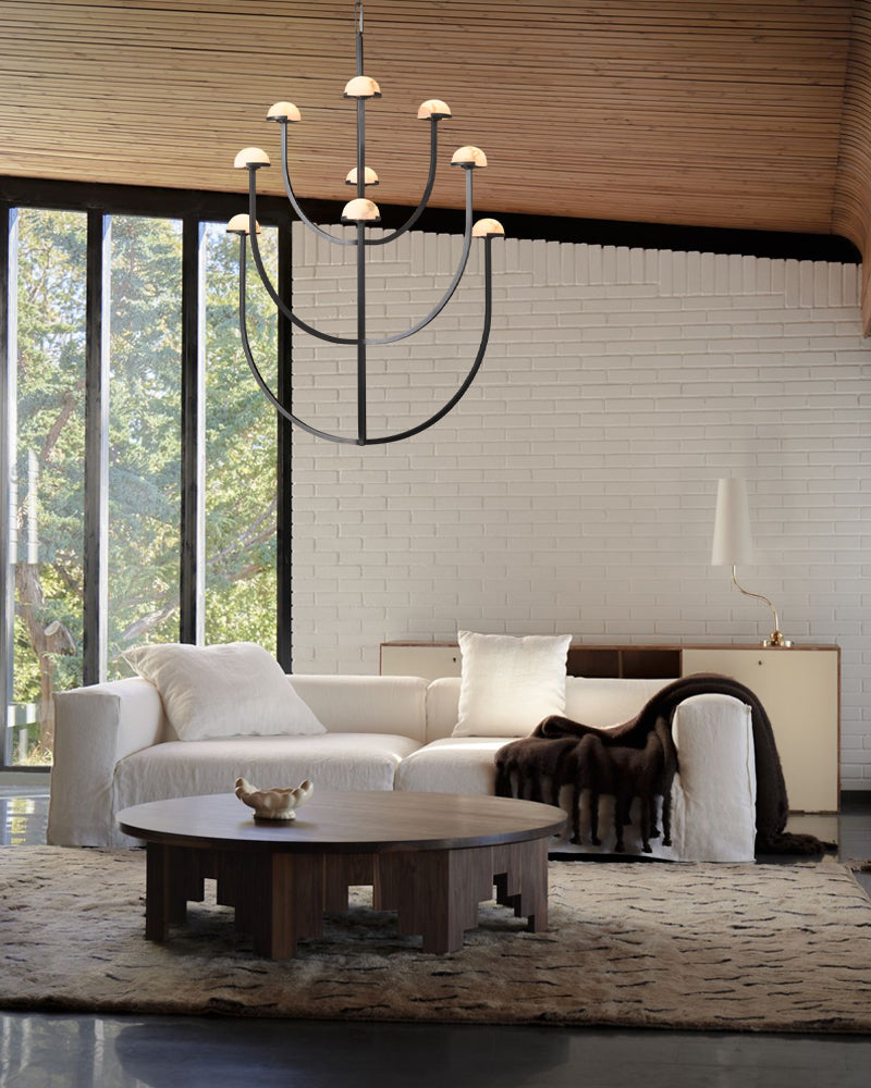 Alabaster Three-Tier Chandelier for Dining Room – Mid-Century Modern, Aged Brass & Black, Pedra Collection American chandelier