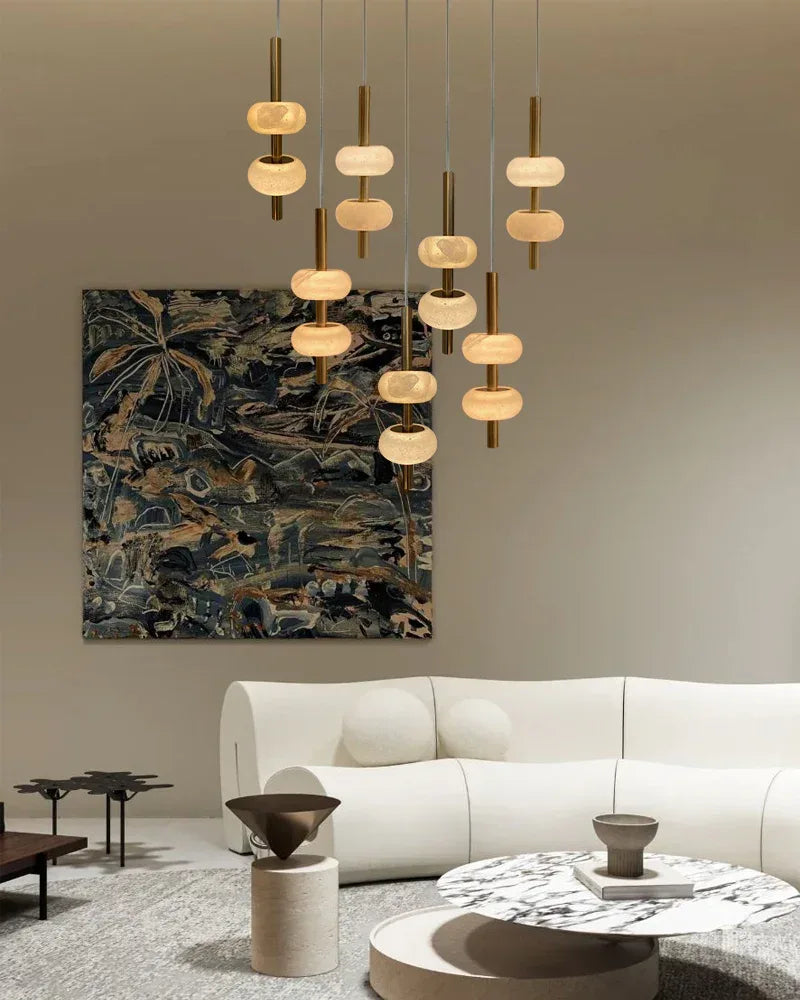 Villa 5 Light New Age Brass Cluster Pendant Light with 4in White Spanish Alabaster Shades Modern Pendant lamp