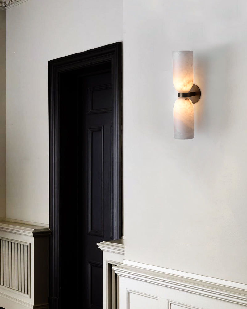 Double 2 lights Alabaster Tandem Wall Lamp in Unique Brass/Black Metal Framework