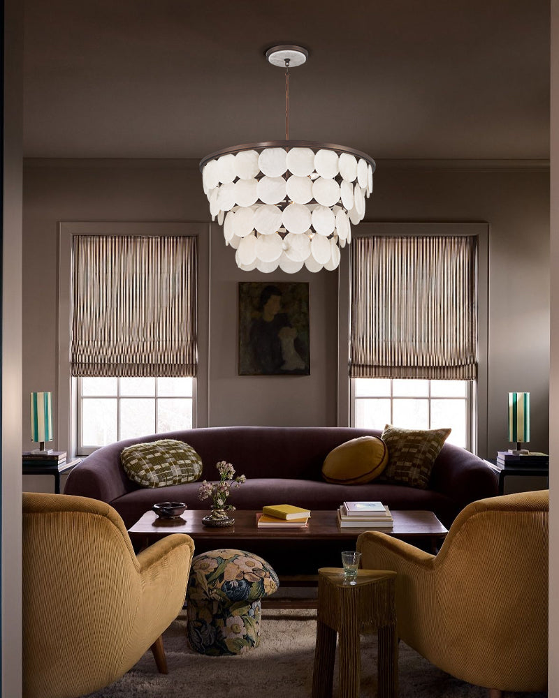 Alabaster Concentric Ring Disc Four Tier Ceiling Light - Semi Flush Mount, Heritage Brass Trim - Dining Rooms & Living Rooms