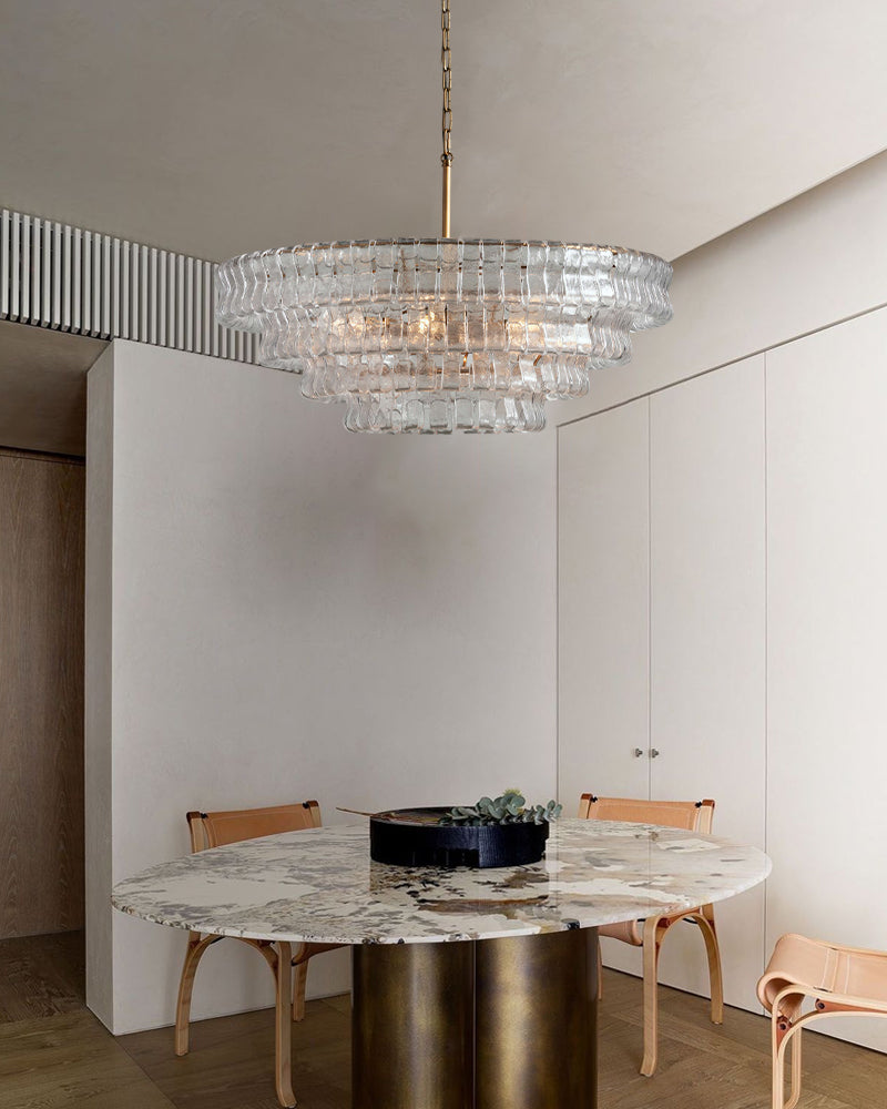 Giverny Series Ethereal Chandelier | Rectangular Tier Chandelier Curved Textured Glass, Plated-Brass and Black for Dining Rooms