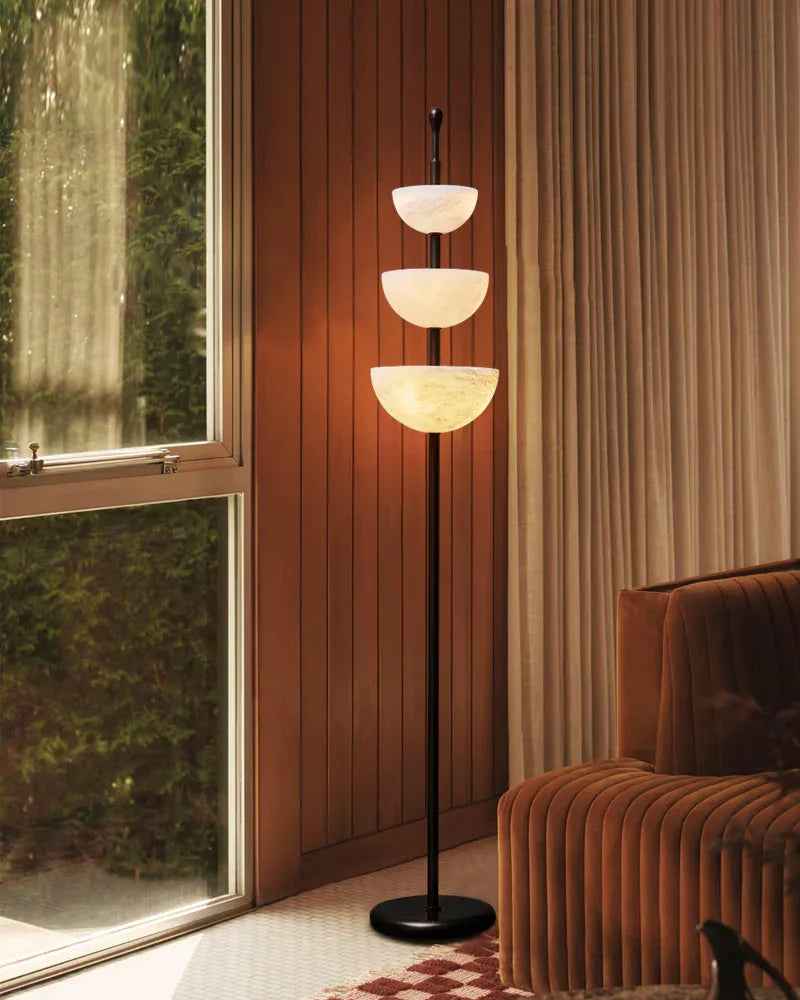 LightsStory Series Geometric Floor Lamp | Triple Bowl Natural marble and snowflake gypsum, Modern Black hardware for Living rooms and bedrooms American standing floor lamp