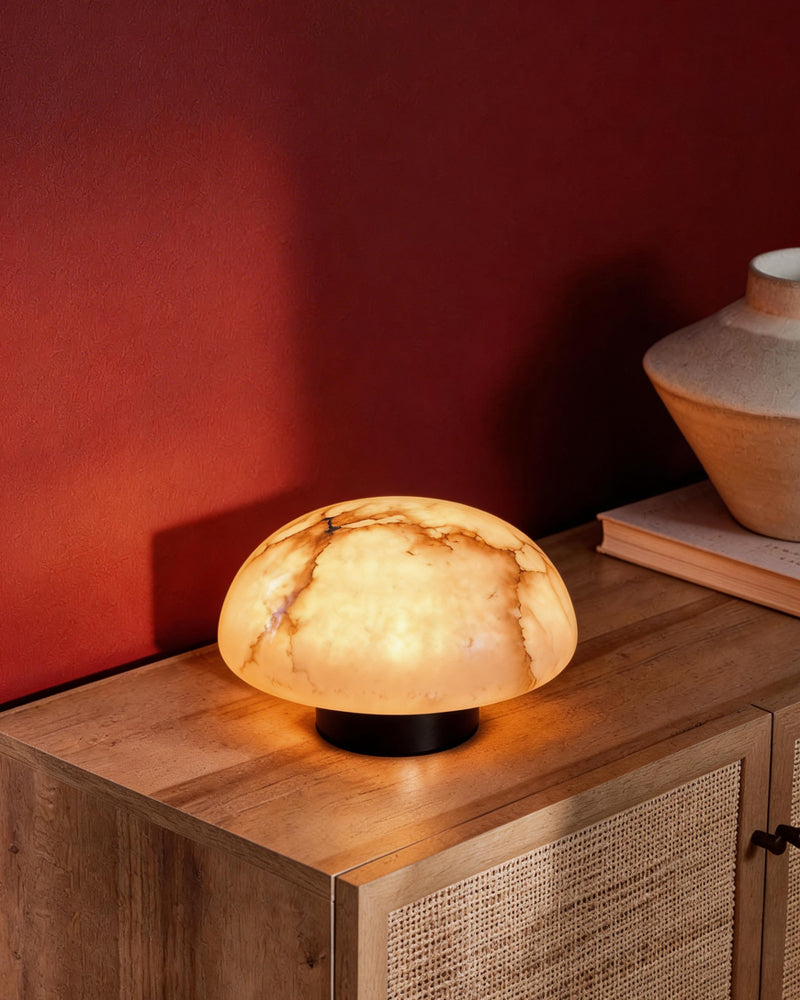 Eclipse Half Moon Alabaster Sphere Table Lamp with Matte Black/Brass Lampshade for Bedroom